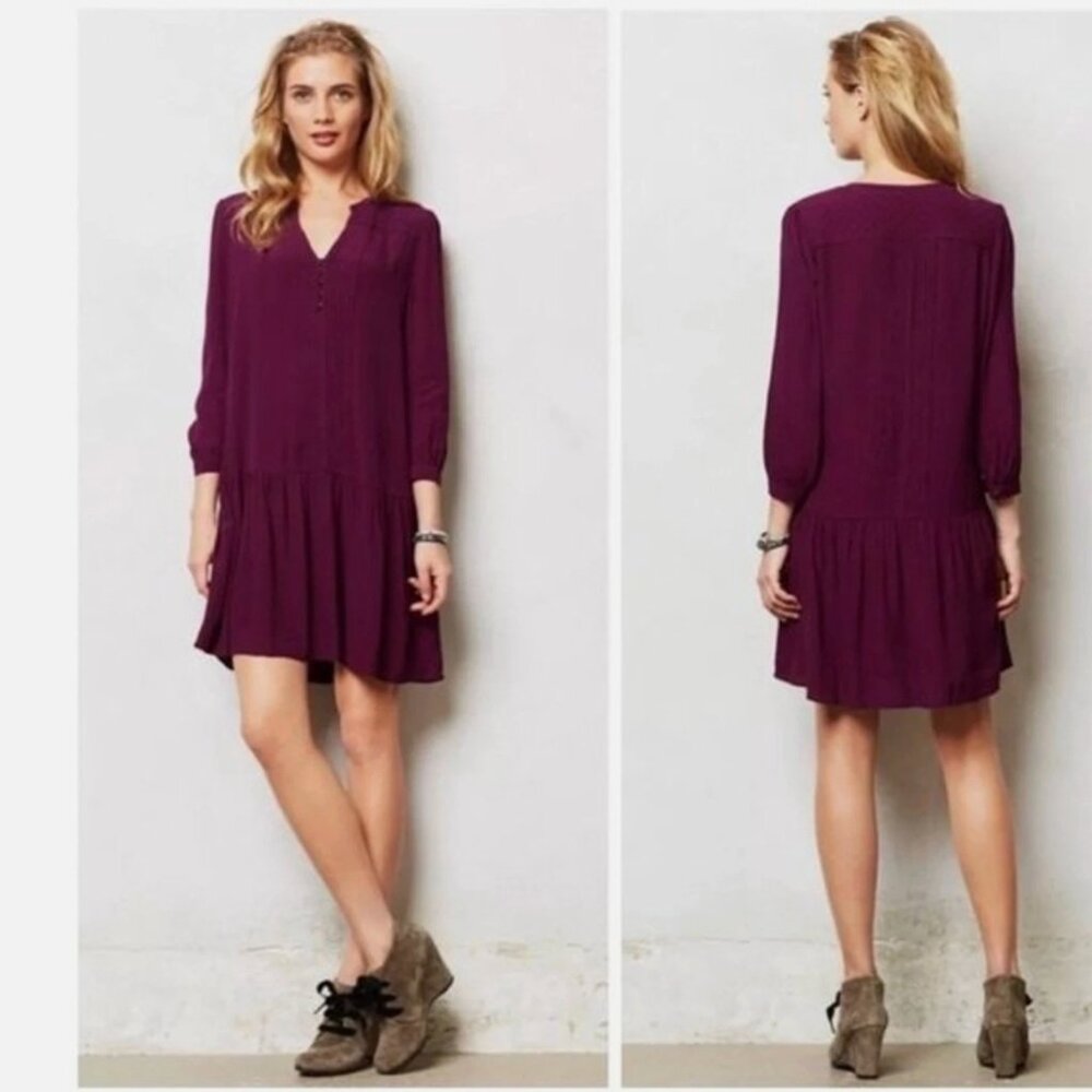 Anthropologie Maeve Galina Drop Waist Tunic Dress in Plum Size M